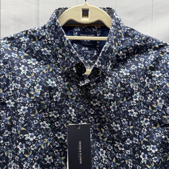 Denim and Flower NWT Navy Blue Floral Printed Poplin Slim Fit Button Down Shirt - Picture 3 of 10